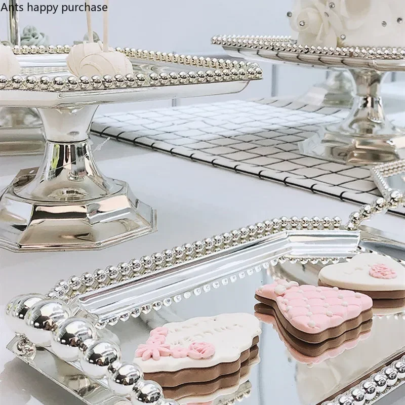 Dessert Table Metal Decorative Display Rack Glass Candy Jar Silver Pearl High Foot Cake Pan Dessert Plate Storage Tray Vase