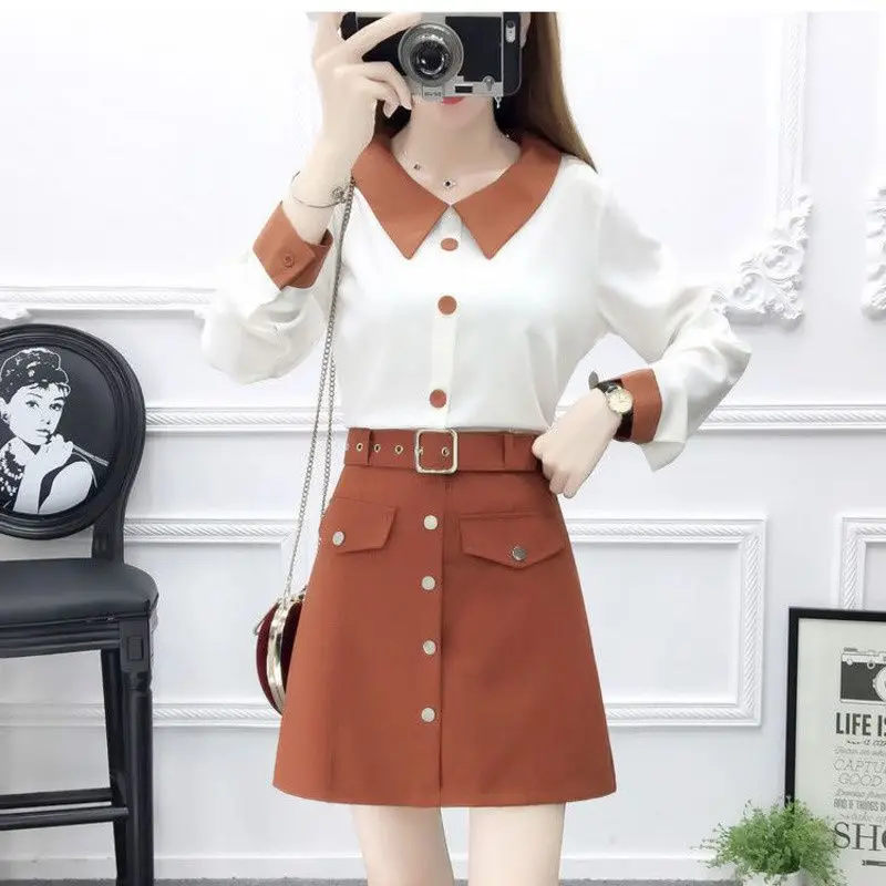 

Women's Fashion Dress 2023 Summer New Short Suit Color Matching Chiffon Shirts High Waist A-shaped Skirt Two Piece Set For Women