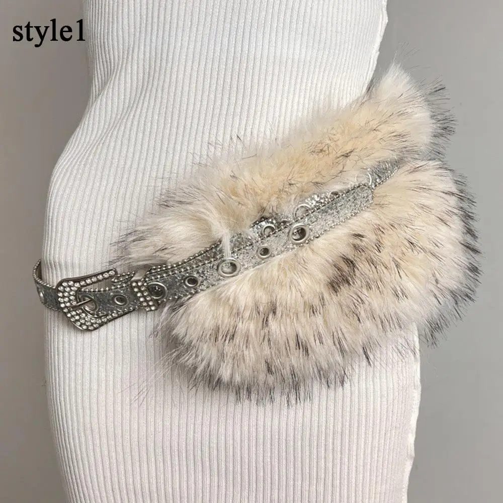 

PU Leather Studded Fur Belt Adjustable Length Faux Fur Rhinestone Patchwork Belt Furry Waistband Metal Plush DIY Waist Belt