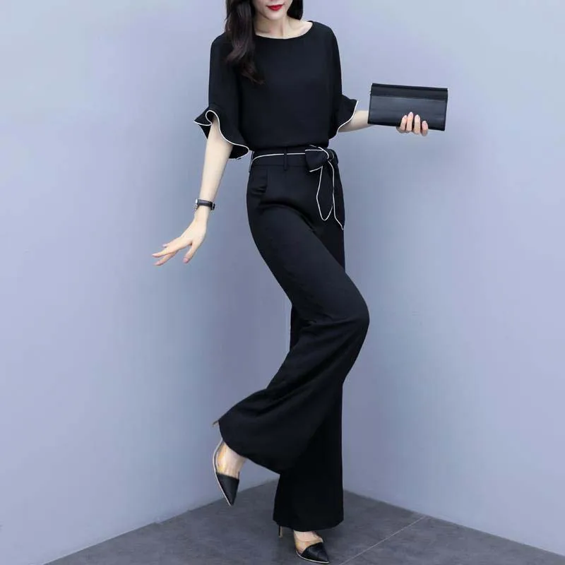 

Ruffle Short Sleeve Women Summer Jumpsuit High Waist Belted Black Fashion One Piece Office Lady Elegant Overall For Women 2024