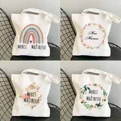 Merci Teacher French Print Women Canvas Shopping Bag Women's Shoulder Bags Pattern Harajuku Shopping Girl Handbag Teacher's Gift