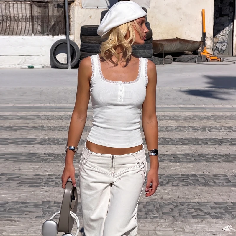 Hugcitar Geripptes Crop-Top mit quadratischem Kragen, Trägern, Patchwork, Spitze und Knöpfen, sexy Crop-Top für den Sommer, Damenmode-Outfit, Streetwear, Yoga, Club – Detail 22