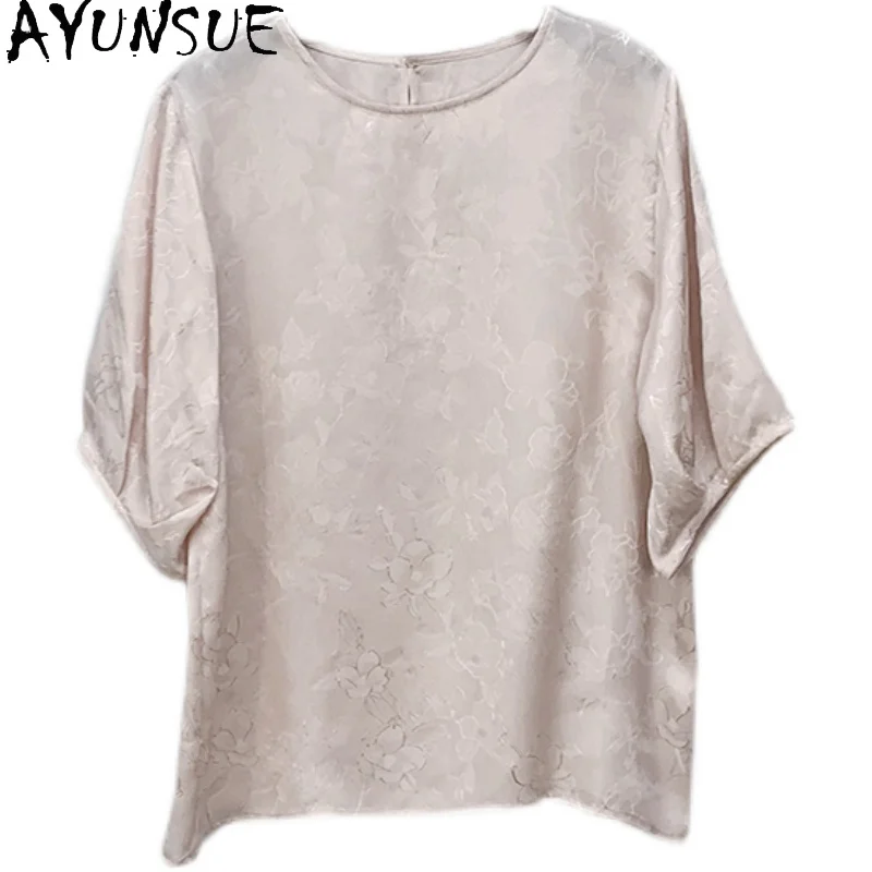 AYUNSUE 100% Genuine Mulberry Silk Women T Shirts Half Sleeve Woman Clothes Office Style Summer Tops 2024 Футболка Женская