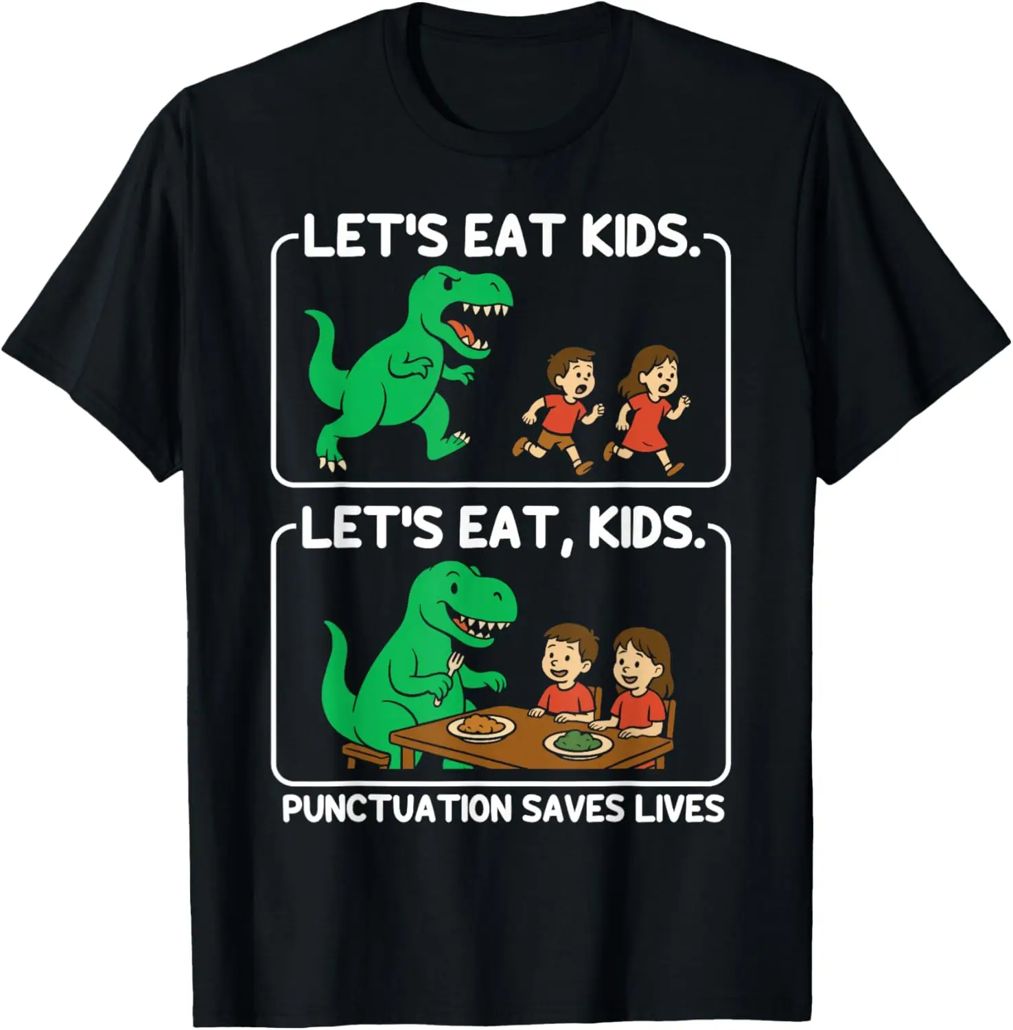 Punctuation Saves Lives Let's Eat Kids Funny Grammar Dinosaur Graphic Tee Men Short Sleeve Cotton T-Shirt