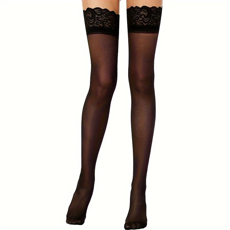 Women's Lace Top Thigh High Sheer Stockings Antiskid Silicone Ultra Shimmery Pantyhose