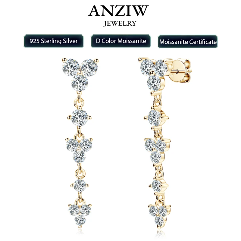 Real 925 Silver 4mm D Color Moissanite Long Drop Earrings Piercing Studs Wedding Party Fine Jewelry for Women 2024 Trend Gift