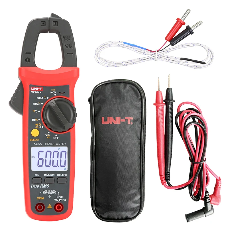 UNI-T UT204+ Digital Clamp Meter 600A AC DC Current Voltage True RMS Plier Ammeter Resistance Capacitance Temperature NCV Tester