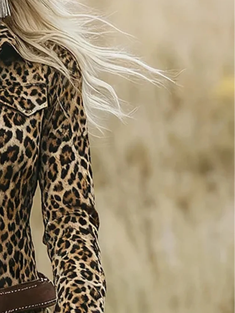 

Western Leopard Print Tassel Dresses Women Turn-down Collar Half Zipper Bodycon Hips Dress Street Long Sleeve Fringe Hem Dress