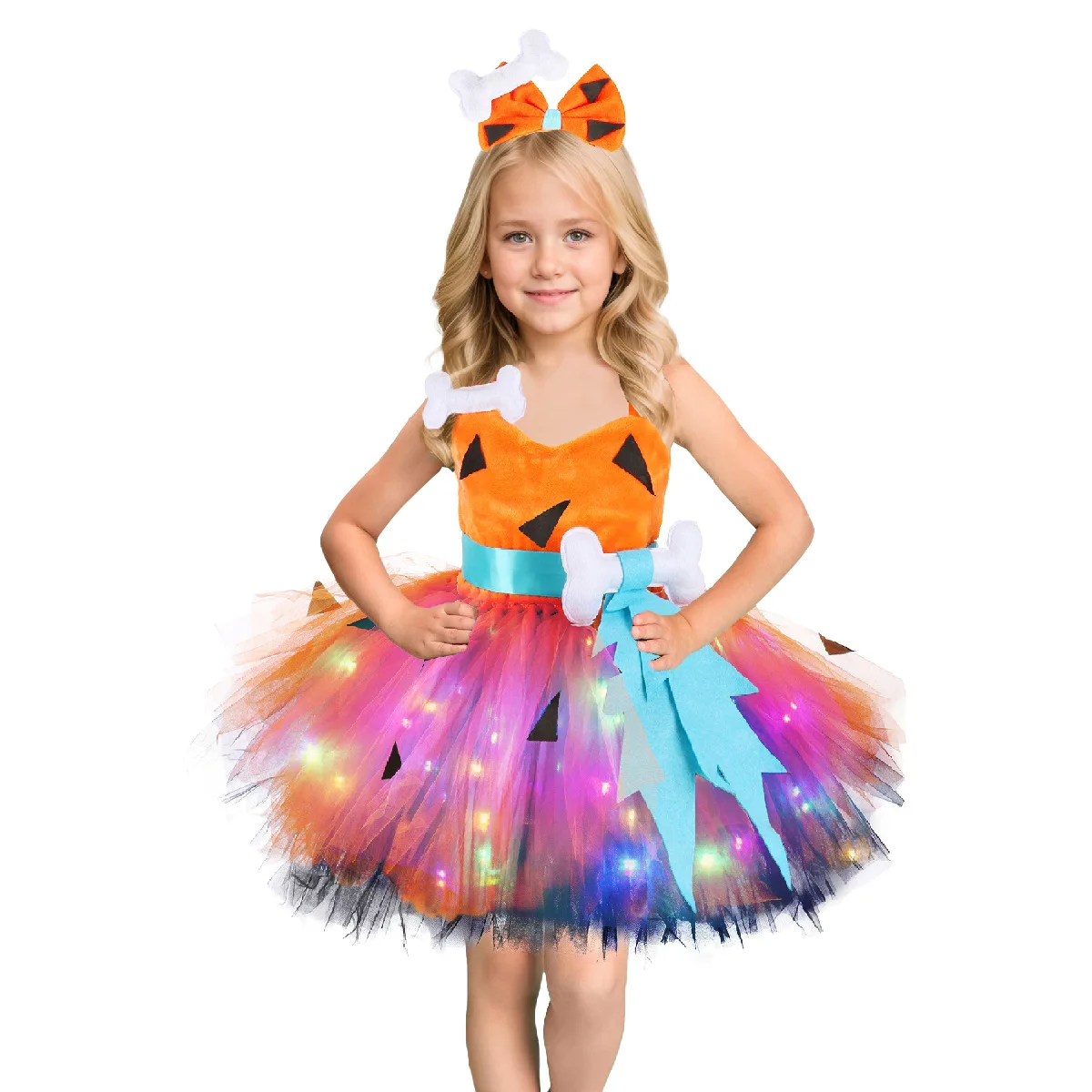Girls Caveman Crazy Style Light Up Colorful Mesh Tutu Dress With Bone Headband Set For Halloween Carnival Party Role Play Wear