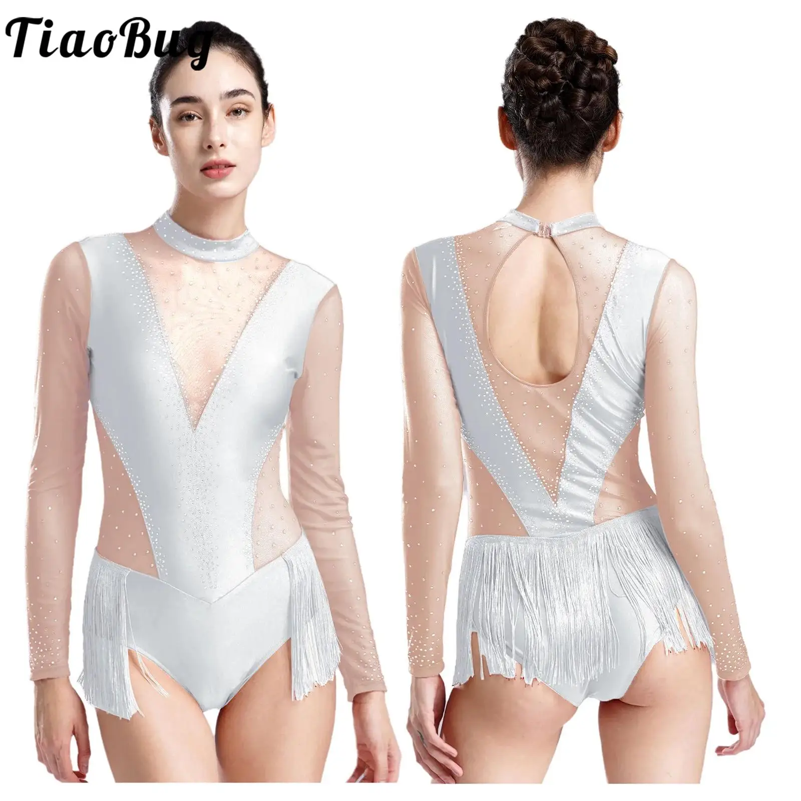 Donne pattinaggio di figura balletto ginnastica body nappa frangia danza latina tuta vestito strass Jazz Cha-cha Costume da ballo