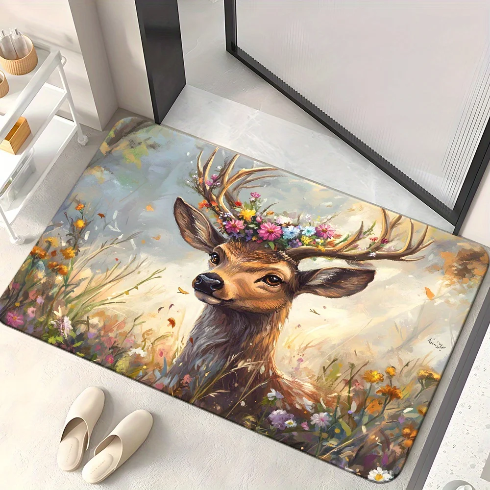 Wild Deer Entrance Doormat Oil Painting Style Stag with Floral Crown Amid Wildflowers Graphic Rug Nature Themed Entry Decor Mat