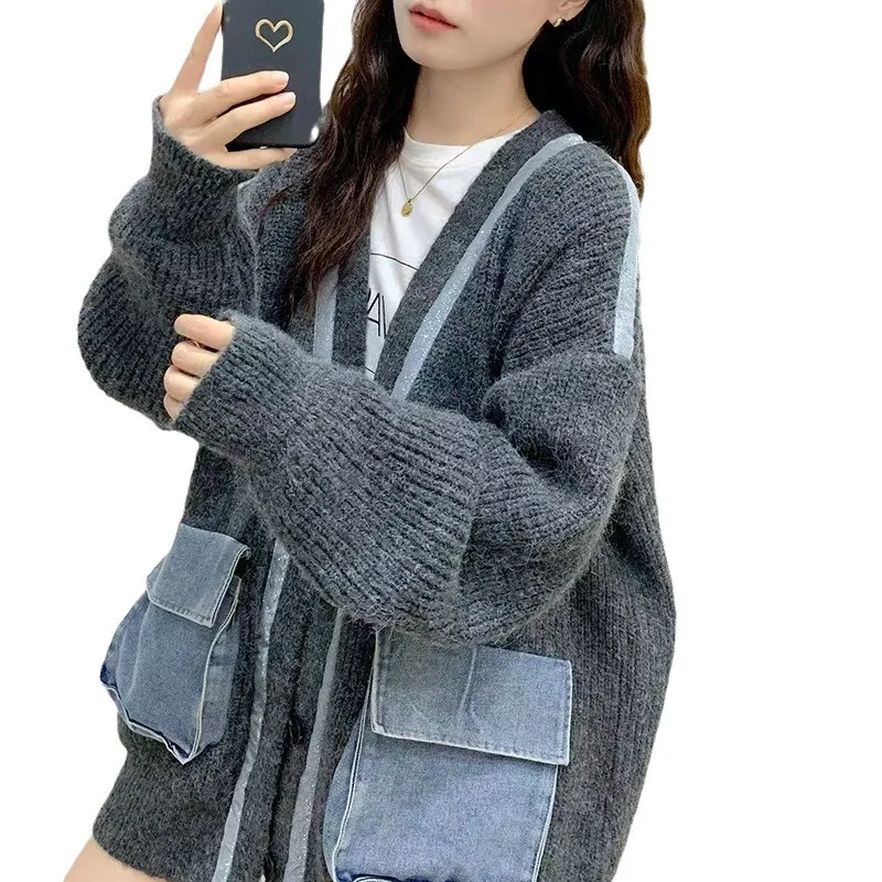 Womem Knitted Cardigan Coats Sweaters Full Sleeve V Neck Casual Loose Elegant Splice Denim Open Stitch Autumn Winter 2024