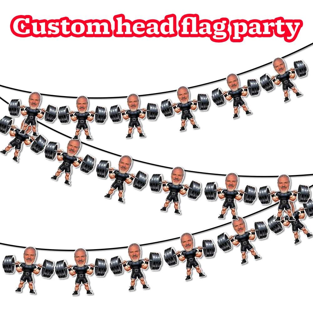 6/12pcs Custom Weightlifter theme Paper Banner Personalized Face Photo Bunting Banner for Gym Bodybuilder Birthday Party Gifts