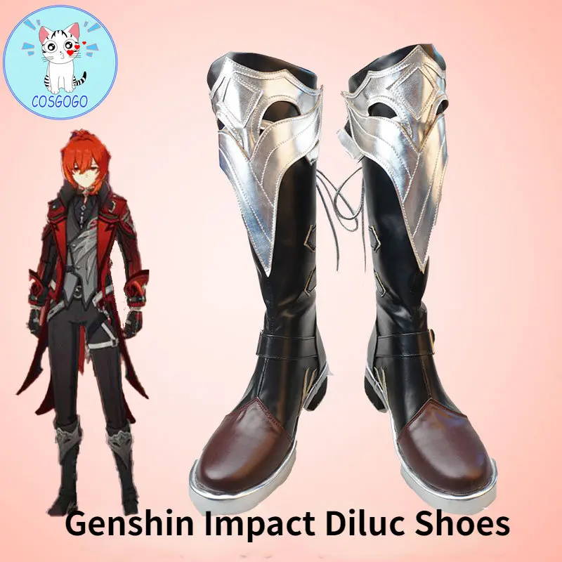 

Hot Game Genshin Impact Diluc Shoes Dark Red New Skin The Whole Night Cosplay Leather Boots Unisex Role Play Halloween