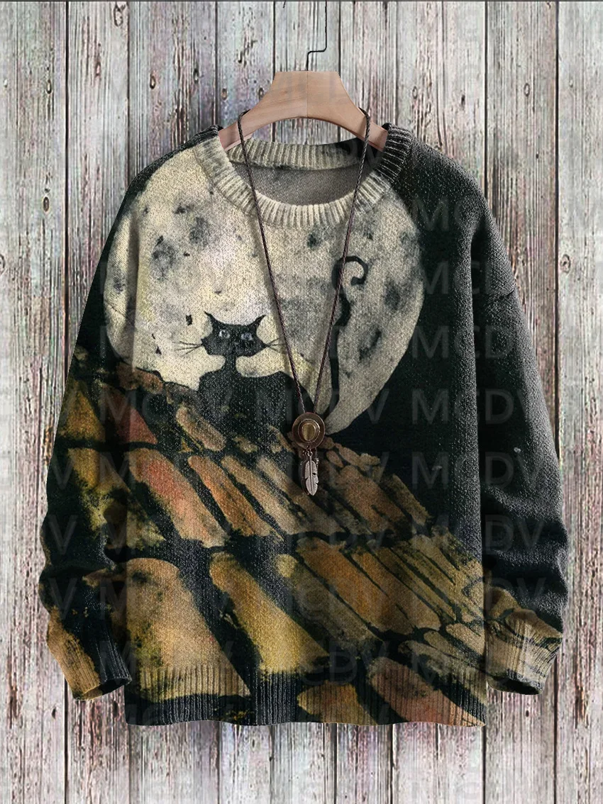 Cat On The Roof At Night Print Casual Knit Pullover Sweater Men's For Women's Pullover