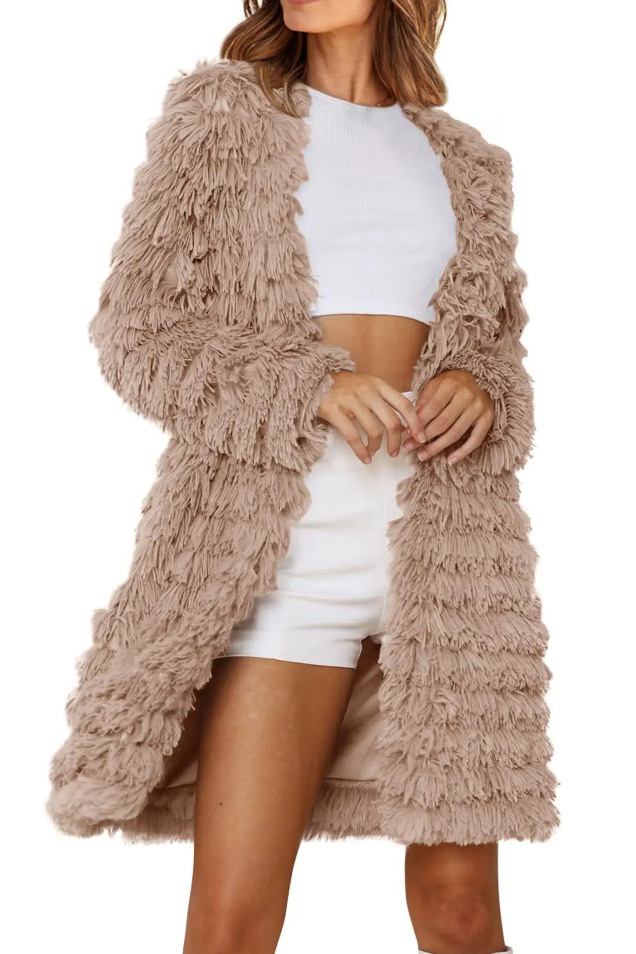 Women\'s 2023 Winter Long Sleeve Faux Fur Jackets Fall Fashion Black Khaki Pink Open Front Long Cardigan Coat Outerwear