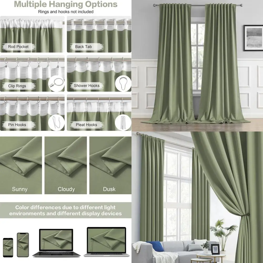 

120 Inch Sage Green Light-Blocking Curtains with Back Tab, 52x120, 2-Panel Set