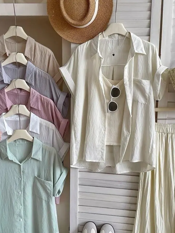 

Корейский топ из ледяного шелка с плиссировкой, женский, летний, тонкий, простой дизайн, универсальный, модный, для повседневной носки