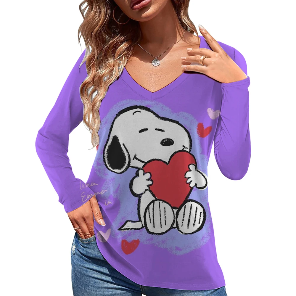 

Fashionable women's T-shirt cute Snoopy print girl summer Harajuku loose casual clothing Kawaii V-neck long sleeved T-shirt