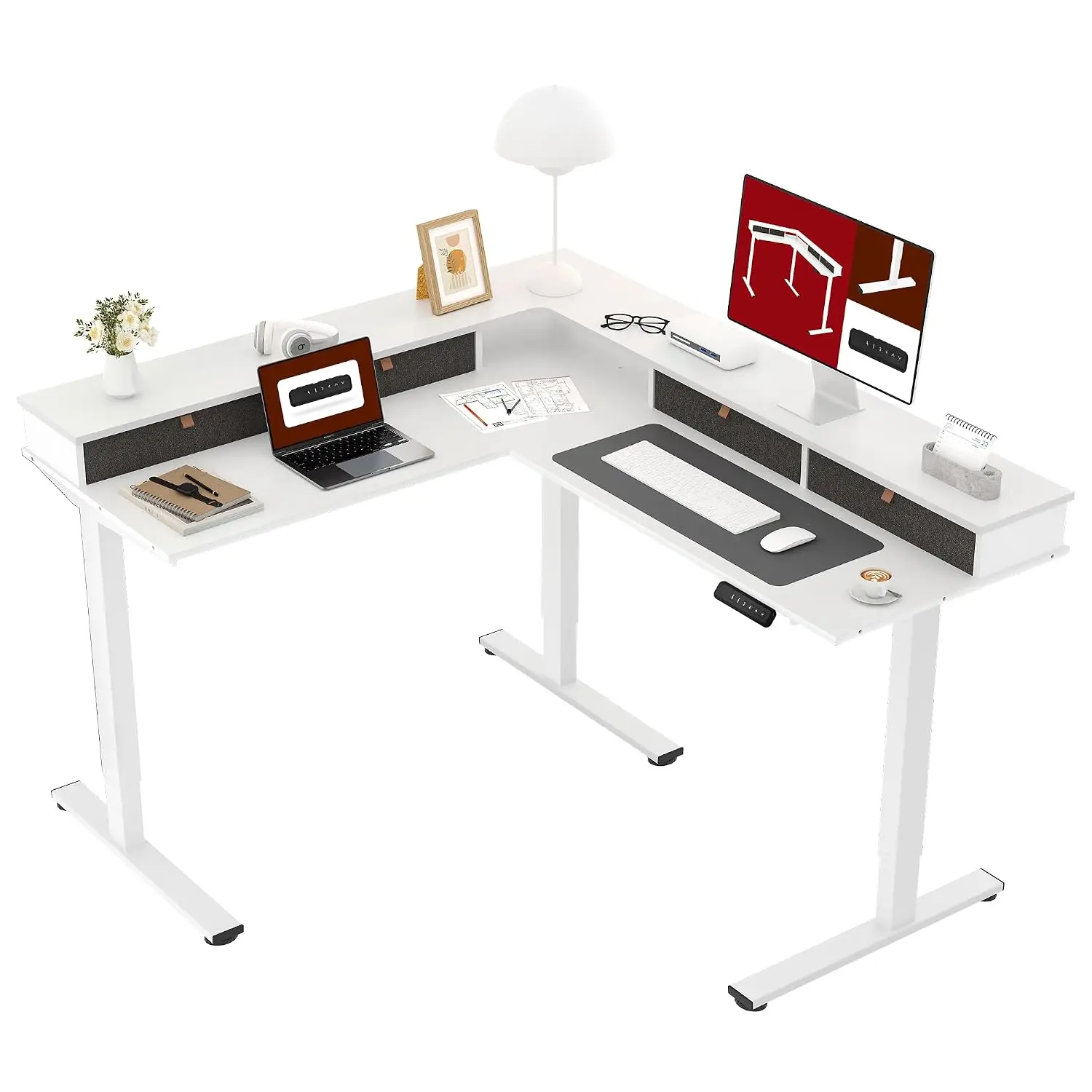 63x55 Electric L-Shaped Corner Standing Desk with 4 Drawers | 28.3