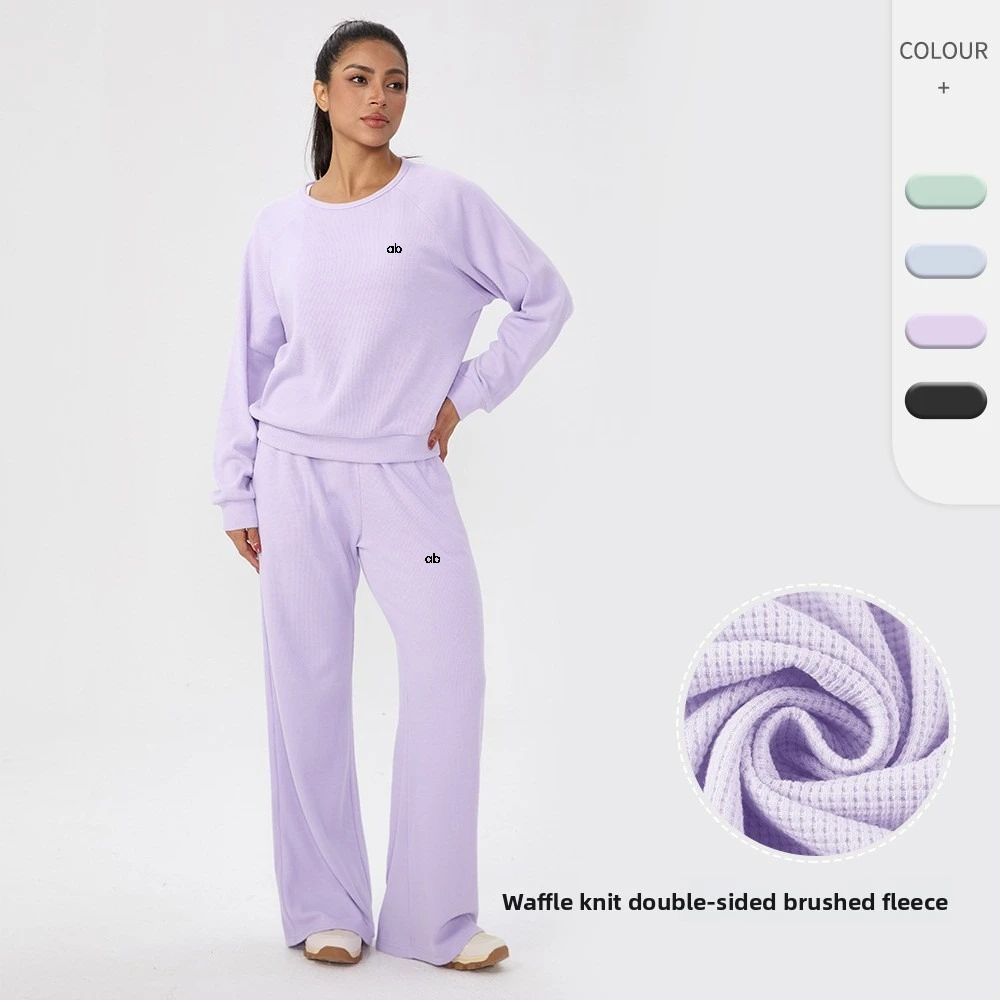 women-autumn-winter-waffle-solid-color-sports-set-loose-fit-long-sleeve-top-and-pants-soft-running-yoga-fitness-casual-outfit