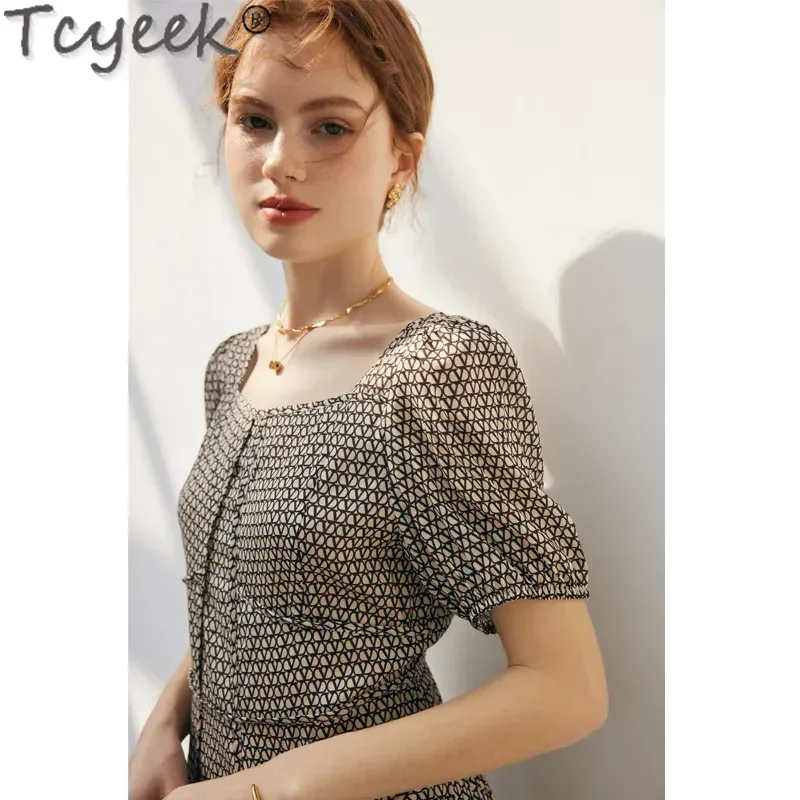 Tcyeek 100% Mulberry Silk Dresses for Women 2024 Short Sleeve Dress Summer Clothes Elegant Women's Dresses Plaid Платье Женско