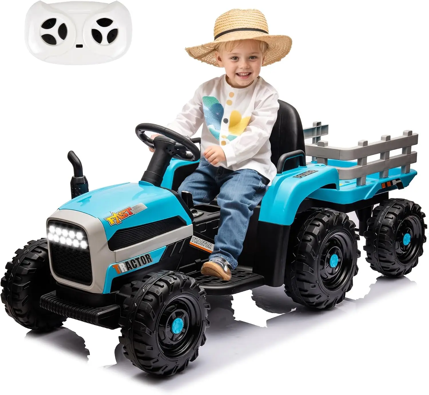 24V Ride on Tractor with Trailer, 400W Electric Car for Kids, Toddler Ride On Toy W/Remote Control, 3 Speed Adjustable, MP3, Blu