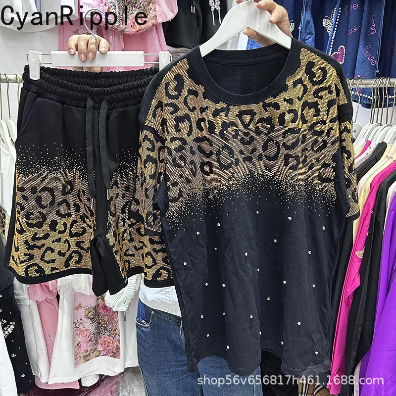 

Fashion Summer Women Two-piece Set Leopard Diamonds Loose Short Sleeve T-shirt Top + Elastic Waist Casual Wide Leg Shorts Suits