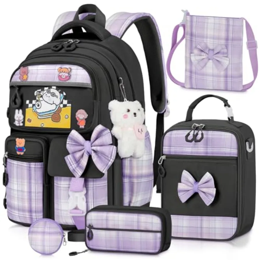

Girls Backpack with Lunch Box Set 5pc Cute Kawaii Bookbag for Teens Aesthetic School Backpack for Elementary