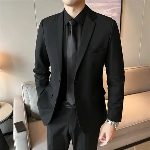 남성용 정장 긴팔 슬림핏 웨딩 비즈니스 블레이저, 블랙 전문 정장 세트 바지 세트, 한국 패션