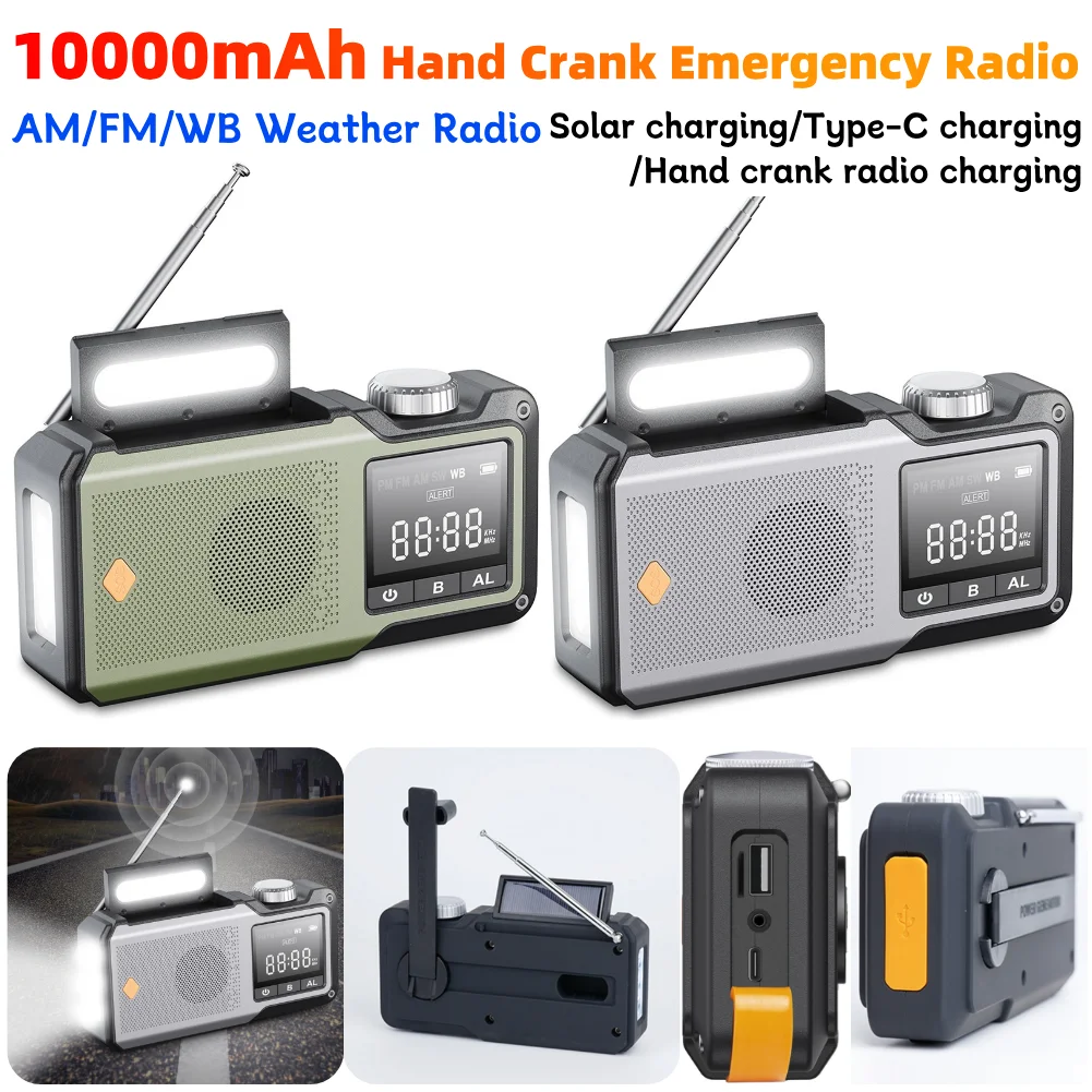 

10000mAh Hand Crank Emergency Radio AM/FM/WB Weather Radio with Power Bank SOS Alarm Flashlight Reading Lamp Solar Radio