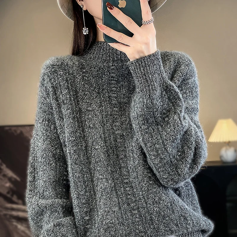 Autumn Winter Basic Mock Neck 100% Merino Wool Sweater Pullover Cashmere Solid Color Lazy Style Long Sleeves Clothing Tops