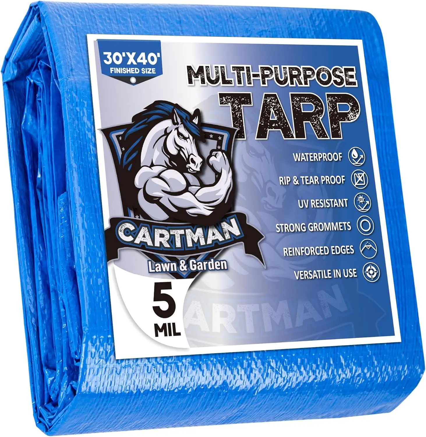 

30x40 Feet Blue Poly Tarp 5 Mil Thick, Multipurpose Protective Cover for Camping, Tent, Boat, RV, Car
