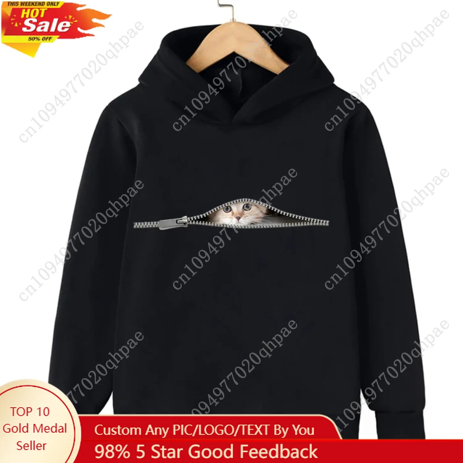 

2025 Autumn New Realistic Effect Zipper Pocket Cat Personality Children's Pullover Niche Creative Boys Girls' Hooded Sweatshirt
