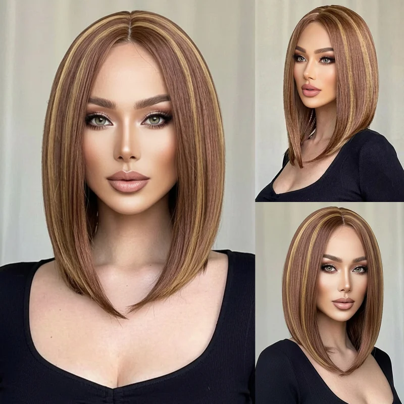 European and American style women's , fashionable straight , golden fluffy short curly hair with highlights, wig ca