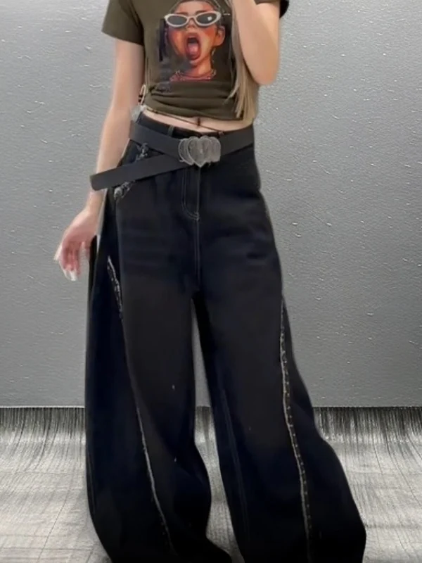 

Faionable Retro Casual Spliced Sexy Wide Leg Jeans for Women High Waist Bootcut Denim Pants Spring Season High Elastici