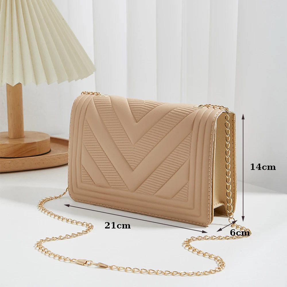 Women\'s PU Leather Crossbody Bags V-Shape Pattern Adjustable Chain Shoulder Bags Fashion Handbag Female Solid Color Square Bag