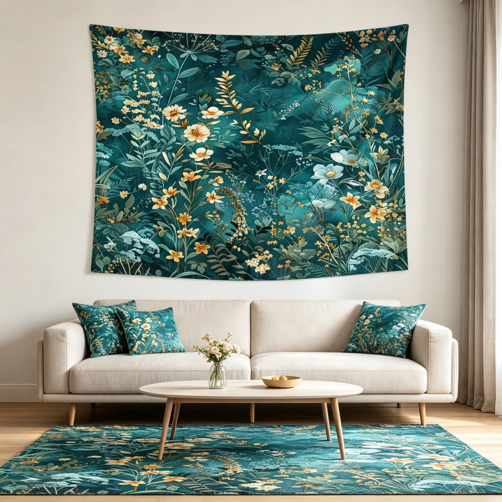 1PC Teal Floral Pattern Art Print Backdrop Banner, Bedroom Living Room Photo Background, Polyester, Home Decor, Wall Art