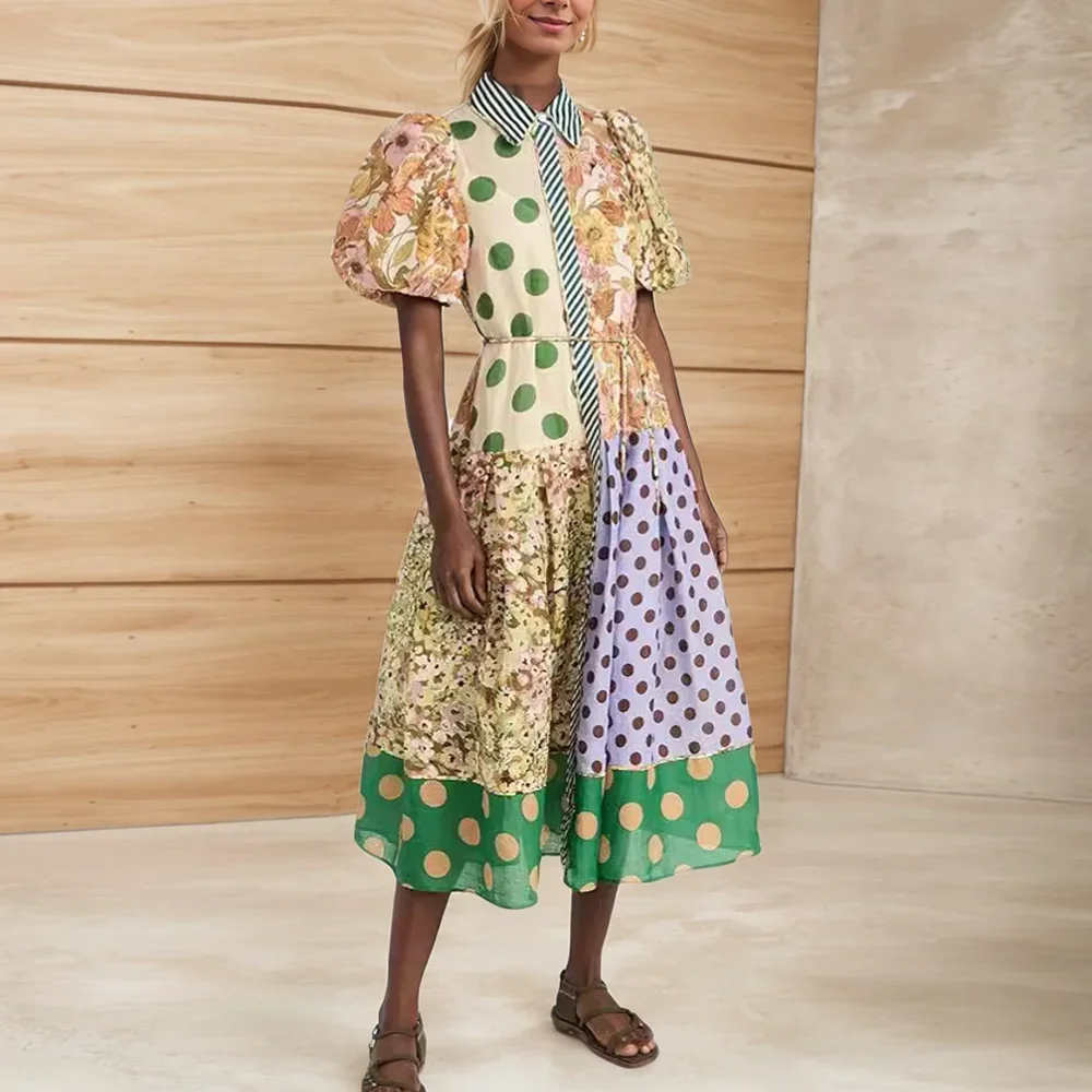 Sommer Neue Frauen Kleid Einreiher Lange Laterne Hülse Graffiti Print Krawatte Taille Kleid Strand Urlaub Floral Print Boho kleid