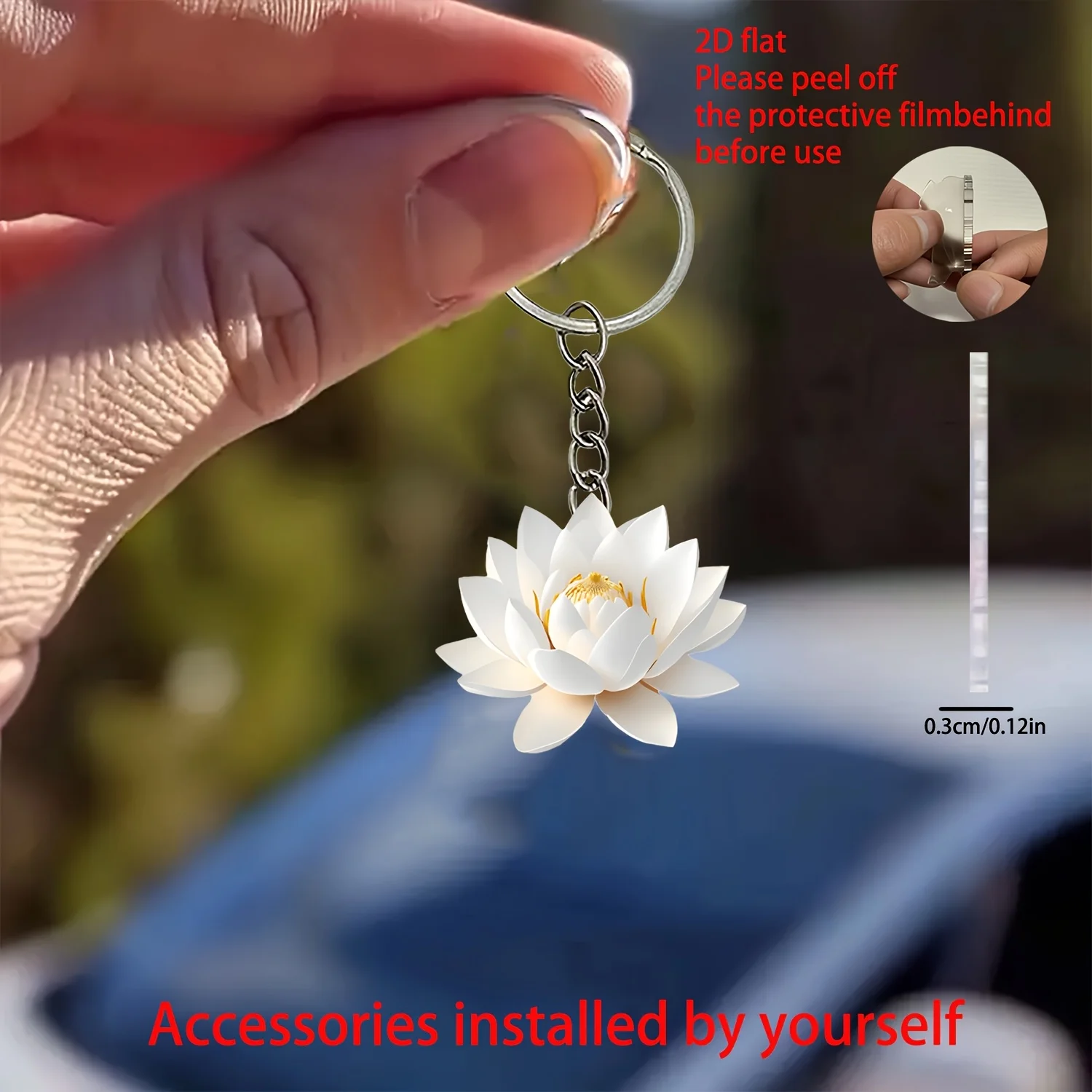 2D White Lotus Keychain Elegant Key Pendant Flat Acrylic Hanging Ornament for Gift,Backpack,Car Keys,House Decoration,Party