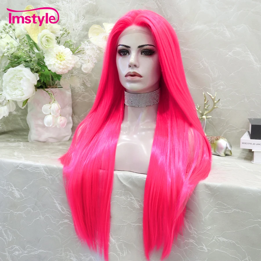 Imstyle-Perruque Lace Front Synthétique Rose Chaud pour Femme, Perruque Longue Droite Bleue, Perruques Cosplay, ix, Ligne de Cheveux Naturelle, Perruque Rose Néon