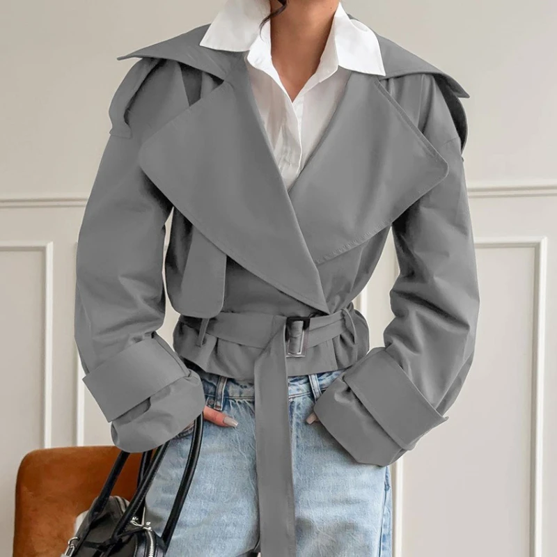 

New Autumn French Turn Down Collar Office Lady Coats Casual High Street Belt Design High End Commuter Clothes Y2k Casual Tops