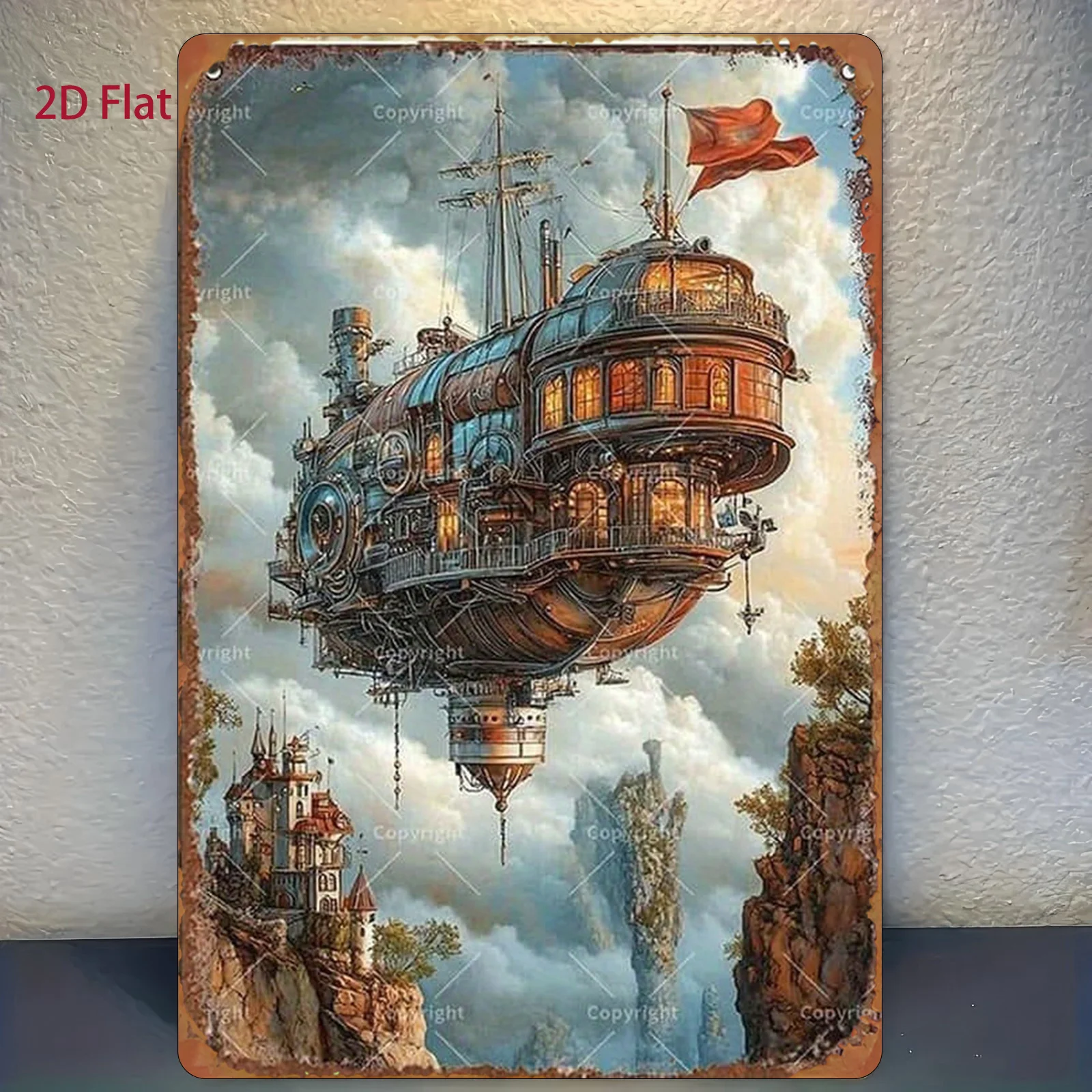 2D Flat - 1pc 8*12 Inch Metal Sign, Steampunk Style Airship Metal Sign, Decorative Sign & Plaque, Perfect for Home, Bar, Garage,