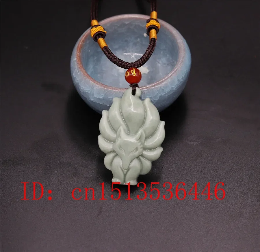 Chinese Lantian Jade Green  Seven-tailed Fox Pendant Necklace Charm Jewellery Fashion Lucky Amulet Gifts Women Man