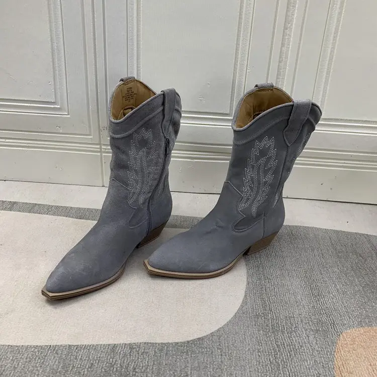 

Faionable Pointed Toe Thi Heel V-Notch Slip-On Mid-Calf Boot Versatile ort Boot Autumn Leather Boots Women's oes