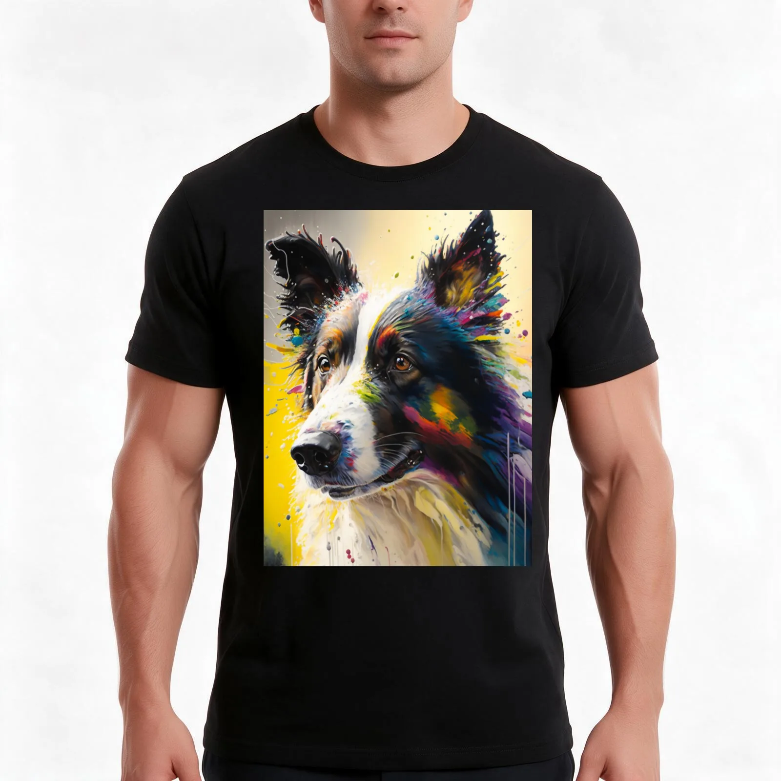 Border Collie Synesthetic Splash Painting Art T-Shirt, Summer Casual Cotton Tee, Oversized Streetwear Tops, Unisex Men Women