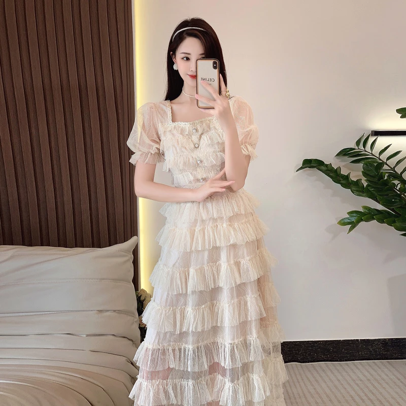 Luxury High Quality Women Summer Sweet Lace Long Dress Female Patchwork Mesh Beading Button Party Vestidos G326