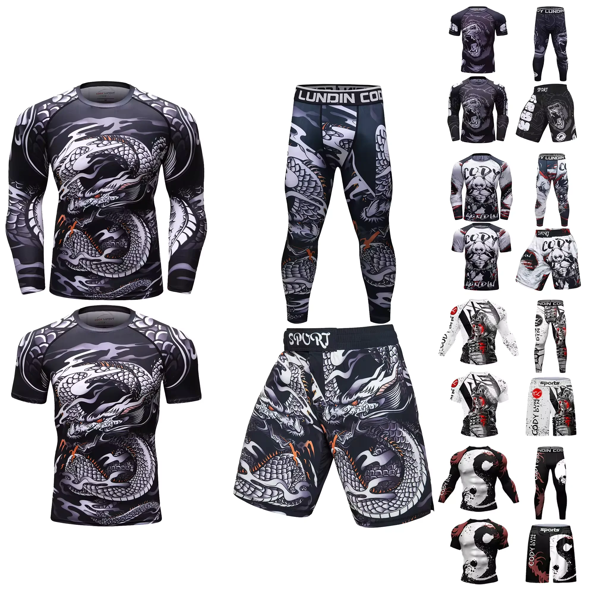 Top Selling Boxing Compression T-shirt Pant Sport MMA Shorts Rashguard Jiu Jitsu Quick-drying Tracksuit Men Adult Rash Guard Set