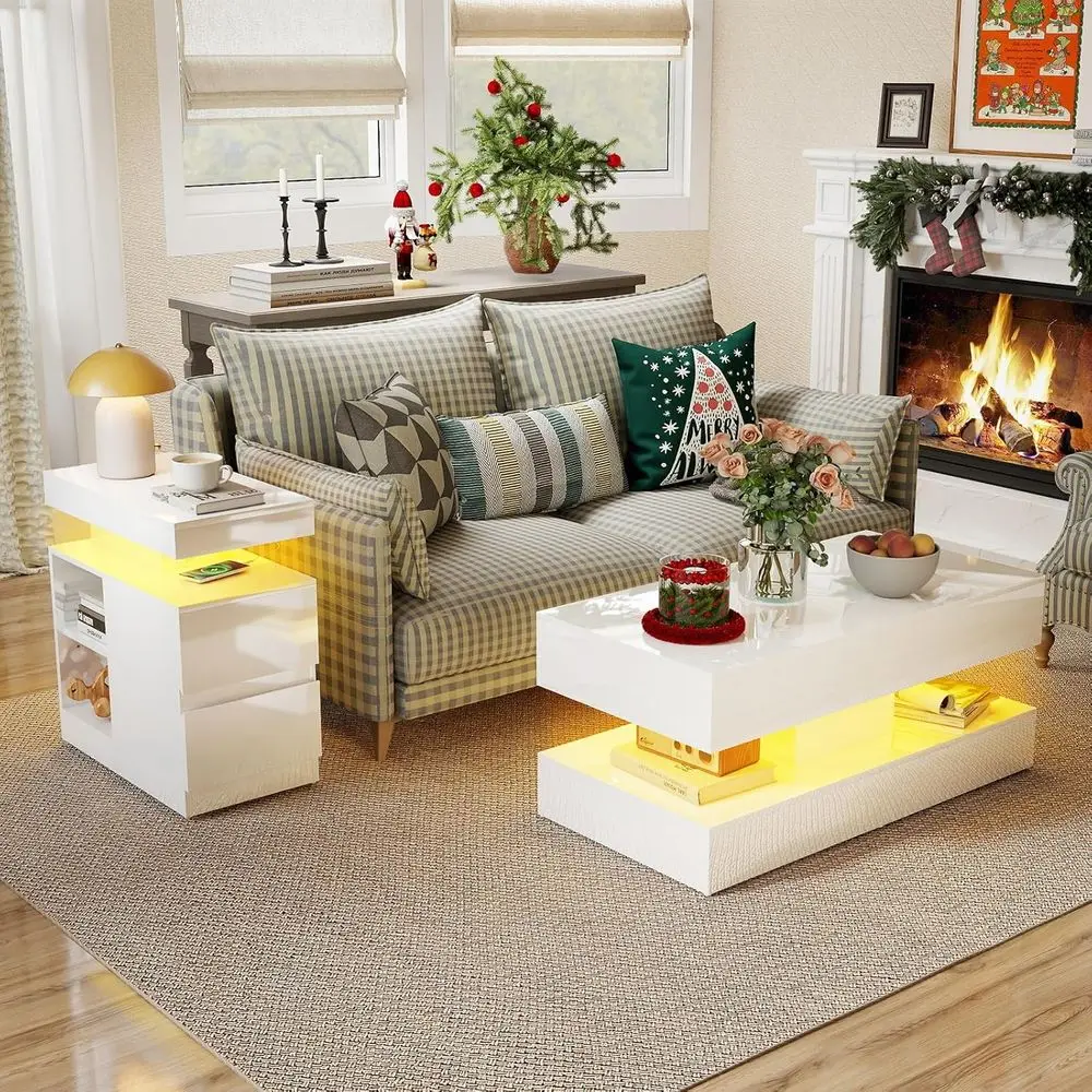 

2-Piece High Gloss Living Room Table Set with Storage Coffee Table and Charging Side Table