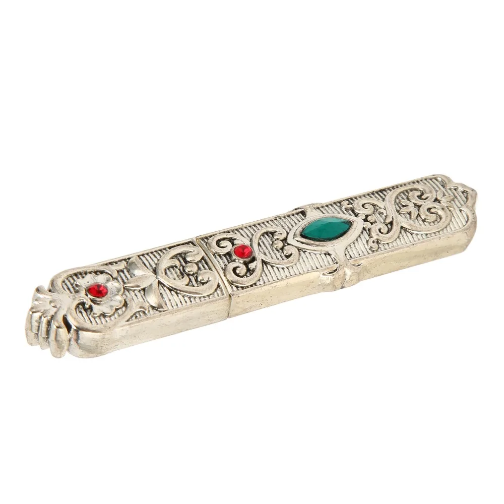 Rhinestone Embellished Needle Storage Case Carved Pattern Antique Silver Finish Needle Carry Case Compact Size Wooden Material